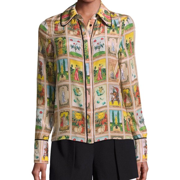 Alice + Olivia Tarot Card Alfie Silk Blouse Collared Top Mystical Print Shirt XS - Picture 1 of 16